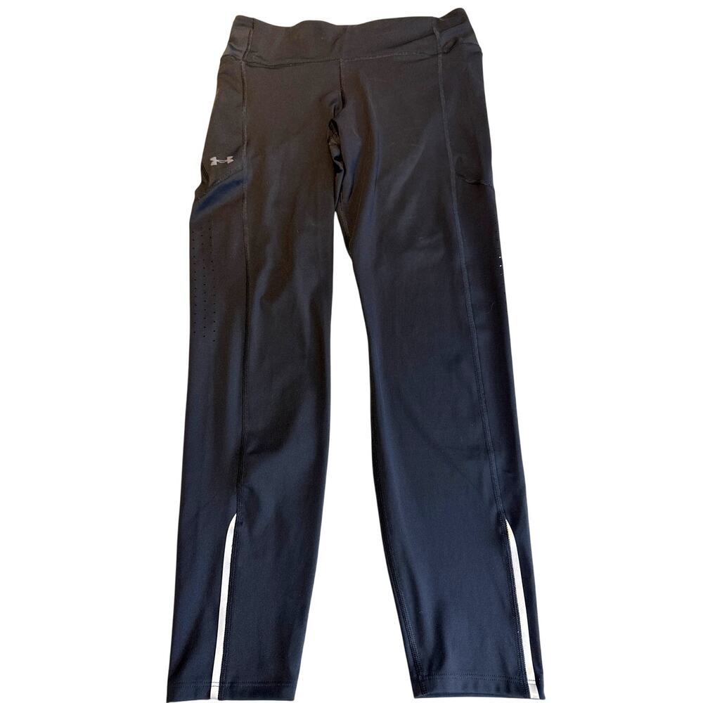 Under Armour Black Vented 7/8 Length Leggings Sz L Reflector Strip on Legs GUC
